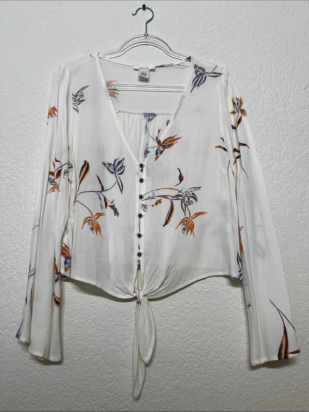 URBAN Romantics Women’s White Floral Tie-Front Blouse with Orange & Navy Accents